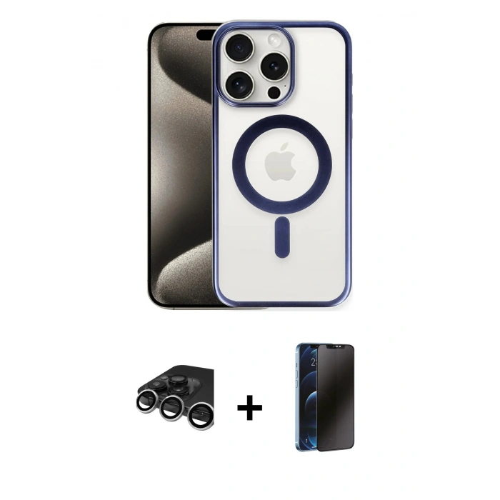 MARSİLYAN™- iPhone 15 Pro Kılıf Siluet Çizgi Serisi - Siyah 3D Antistatik Hayalet Cam Ekran Koruyucu + Raze Metal Kamera Lens - GS