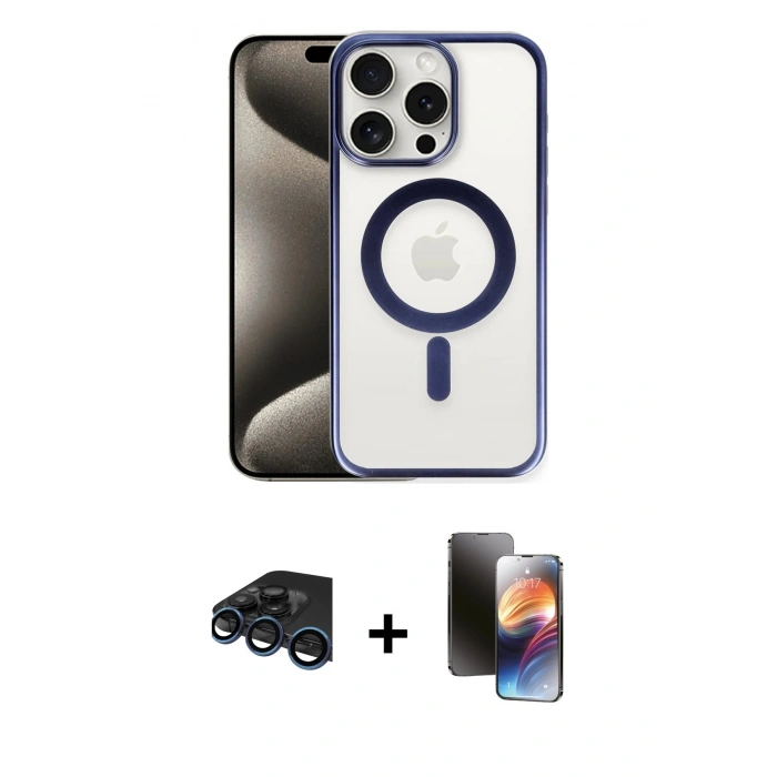 MARSİLYAN™- iPhone 15 Pro Kılıf Siluet Çizgi Serisi - Siyah 3D Antistatik Mat Seramik Nano Ekran Koruyucu + Raze Metal Kamera Lens - LT