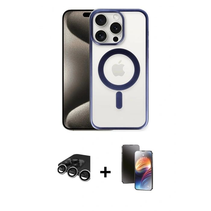 MARSİLYAN™- iPhone 15 Pro Kılıf Siluet Çizgi Serisi - Siyah 3D Antistatik Mat Seramik Nano Ekran Koruyucu + Raze Metal Kamera Lens - GS
