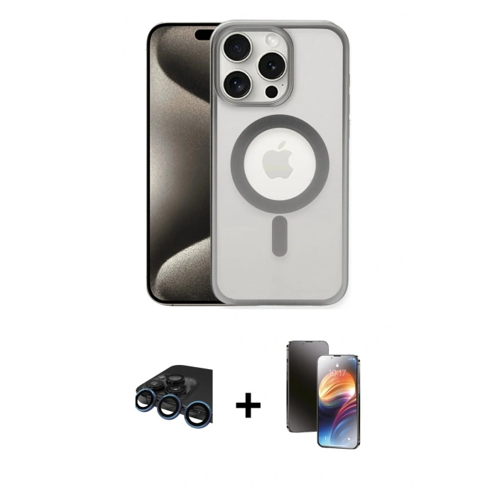 MARSİLYAN™- iPhone 15 Pro Kılıf Siluet Çizgi Serisi - Siyah 3D Antistatik Mat Seramik Nano Ekran Koruyucu + Raze Metal Kamera Lens - LT