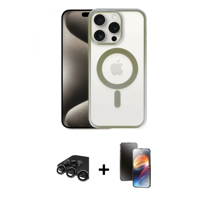 MARSİLYAN™- iPhone 15 Pro Kılıf Siluet Çizgi Serisi - Siyah 3D Antistatik Mat Seramik Nano Ekran Koruyucu + Raze Metal Kamera Lens - TMGI