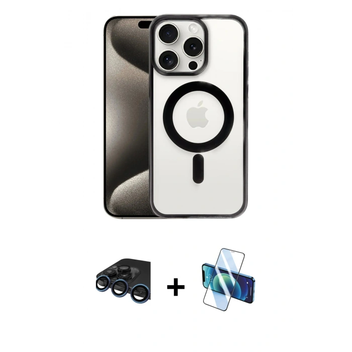 MARSİLYAN™- iPhone 15 Pro Kılıf Siluet Çizgi Serisi - Siyah 3D Antistatik Seramik Nano Ekran Koruyucu + Raze Metal Kamera Lens - LT