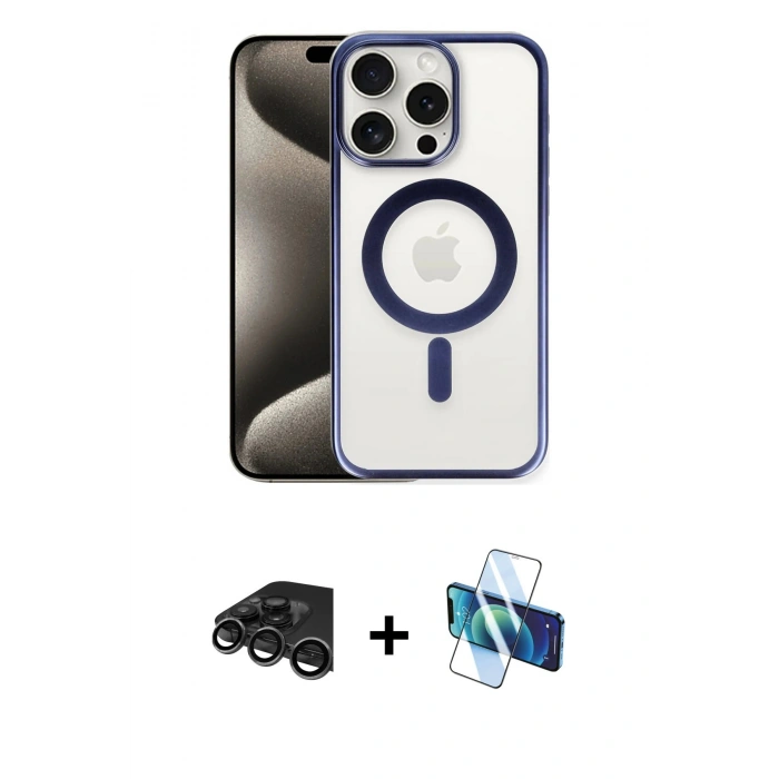 MARSİLYAN™- iPhone 15 Pro Kılıf Siluet Çizgi Serisi - Siyah 3D Antistatik Seramik Nano Ekran Koruyucu + Raze Metal Kamera Lens - TMGI