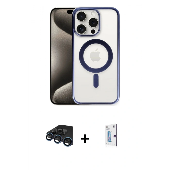 MARSİLYAN™- iPhone 15 Pro Kılıf Siluet Çizgi Serisi - Siyah Bilvis 0.18mm Plus Cam Ekran Koruyucu + Raze Metal Kamera Lens - LT
