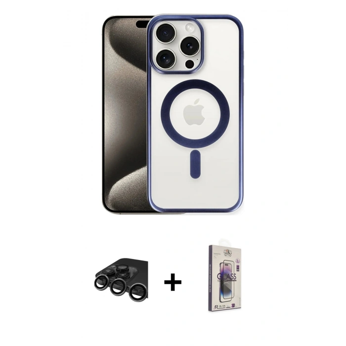 MARSİLYAN™- iPhone 15 Pro Kılıf Siluet Çizgi Serisi - Siyah Bilvis 3D Cam Ekran Koruyucu + Raze Metal Kamera Lens - TMGI