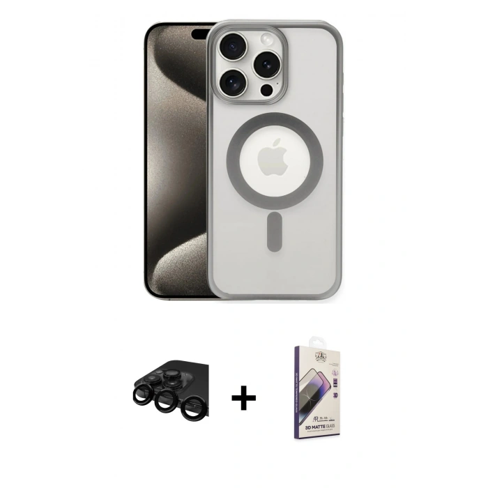 MARSİLYAN™- iPhone 15 Pro Kılıf Siluet Çizgi Serisi - Siyah Bilvis 3D Mat Cam Ekran Koruyucu + Raze Metal Kamera Lens - SH