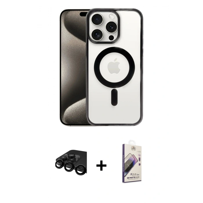 MARSİLYAN™- iPhone 15 Pro Kılıf Siluet Çizgi Serisi - Siyah Bilvis 3D Mat Cam Ekran Koruyucu + Raze Metal Kamera Lens - SH