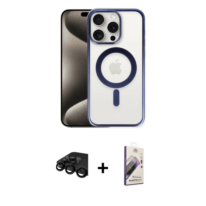 MARSİLYAN™- iPhone 15 Pro Kılıf Siluet Çizgi Serisi - Siyah Bilvis 3D Mat Cam Ekran Koruyucu + Raze Metal Kamera Lens - SH