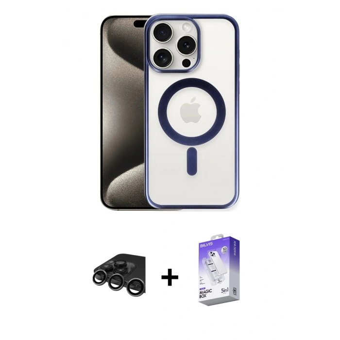 MARSİLYAN™- iPhone 15 Pro Kılıf Siluet Çizgi Serisi - Siyah Bilvis 5in1 3D Magic Cam Ekran Koruyucu + Titanyum Gri Raze Metal Kamera Lens