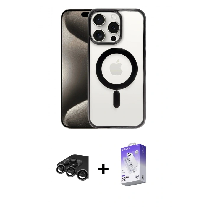 MARSİLYAN™- iPhone 15 Pro Kılıf Siluet Çizgi Serisi - Siyah Bilvis 5in1 3D Magic Cam Ekran Koruyucu + Titanyum Gri Raze Metal Kamera Lens