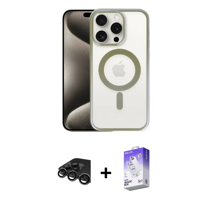 MARSİLYAN™- iPhone 15 Pro Kılıf Siluet Çizgi Serisi - Siyah Bilvis 5in1 3D Magic Cam Ekran Koruyucu + Titanyum Gri Raze Metal Kamera Lens