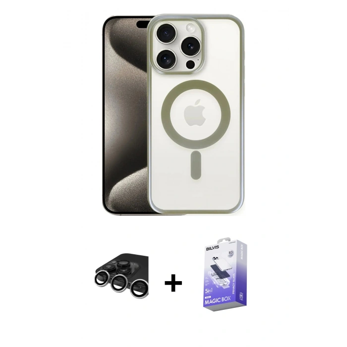 MARSİLYAN™- iPhone 15 Pro Kılıf Siluet Çizgi Serisi - Siyah Bilvis 5in1 5D Magic Hayalet Cam Ekran Koruyucu + Raze Metal Kamera Lens - GS