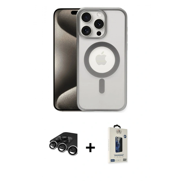 MARSİLYAN™- iPhone 15 Pro Kılıf Siluet Çizgi Serisi - Siyah Bilvis Hayalet Cam Ekran Koruyucu + Raze Metal Kamera Lens - GS