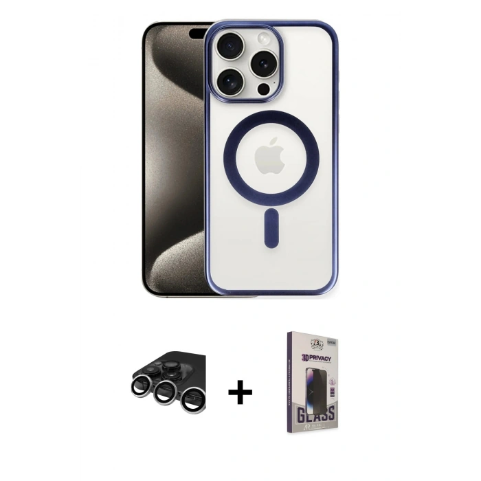 MARSİLYAN™- iPhone 15 Pro Kılıf Siluet Çizgi Serisi - Siyah Bilvis Hayalet Cam Ekran Koruyucu + Raze Metal Kamera Lens - GS