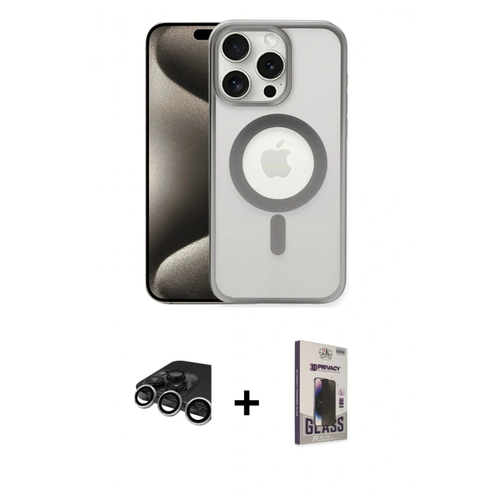 MARSİLYAN™- iPhone 15 Pro Kılıf Siluet Çizgi Serisi - Siyah Bilvis Hayalet Cam Ekran Koruyucu + Raze Metal Kamera Lens - GS