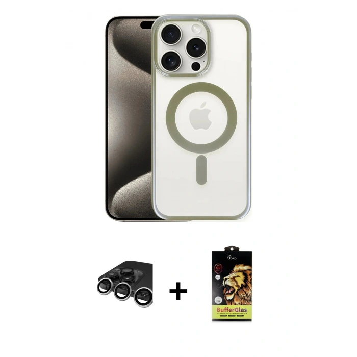 MARSİLYAN™- iPhone 15 Pro Kılıf Siluet Çizgi Serisi - Siyah Buffer Cam Ekran Koruyucu + Gümüş Raze Metal Kamera Lens