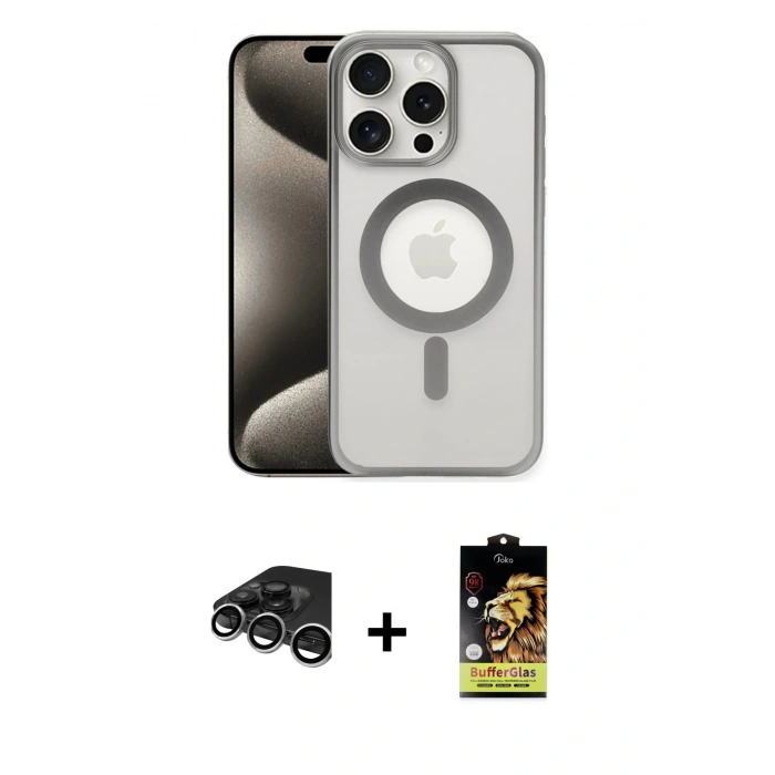 MARSİLYAN™- iPhone 15 Pro Kılıf Siluet Çizgi Serisi - Siyah Buffer Cam Ekran Koruyucu + Gümüş Raze Metal Kamera Lens