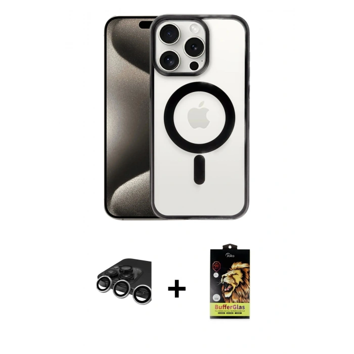 MARSİLYAN™- iPhone 15 Pro Kılıf Siluet Çizgi Serisi - Siyah Buffer Cam Ekran Koruyucu + Gümüş Raze Metal Kamera Lens