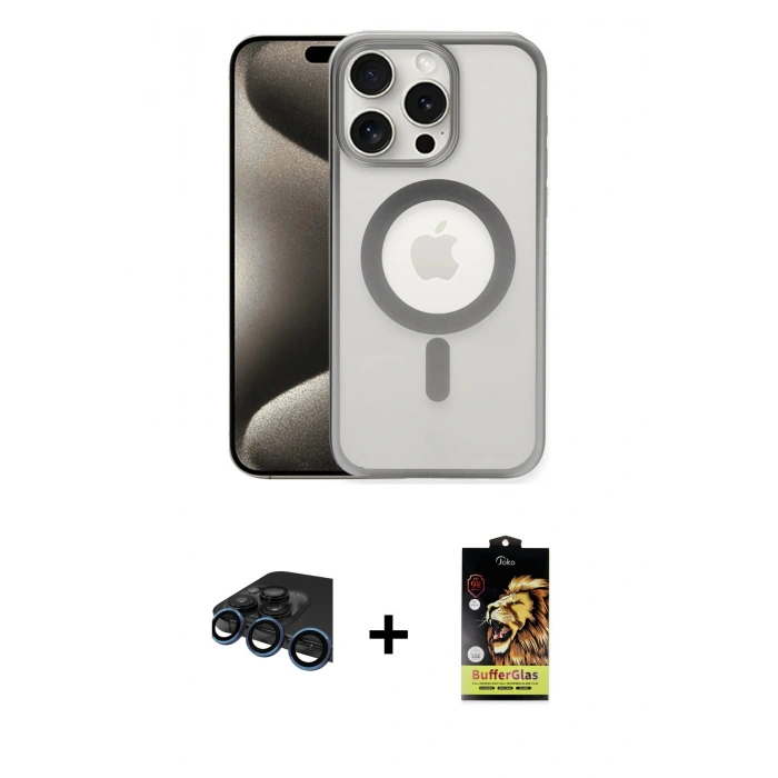 MARSİLYAN™- iPhone 15 Pro Kılıf Siluet Çizgi Serisi - Siyah Buffer Cam Ekran Koruyucu + Raze Metal Kamera Lens - LT