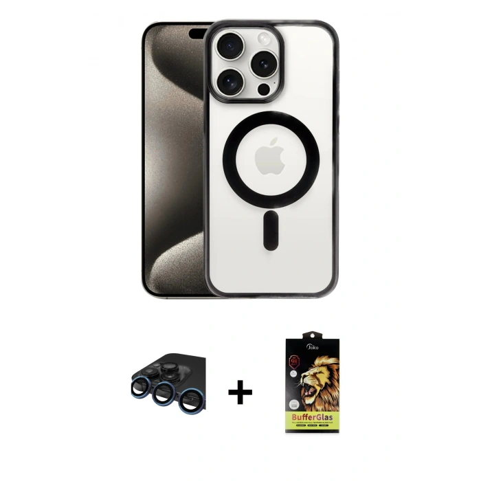 MARSİLYAN™- iPhone 15 Pro Kılıf Siluet Çizgi Serisi - Siyah Buffer Cam Ekran Koruyucu + Raze Metal Kamera Lens - LT