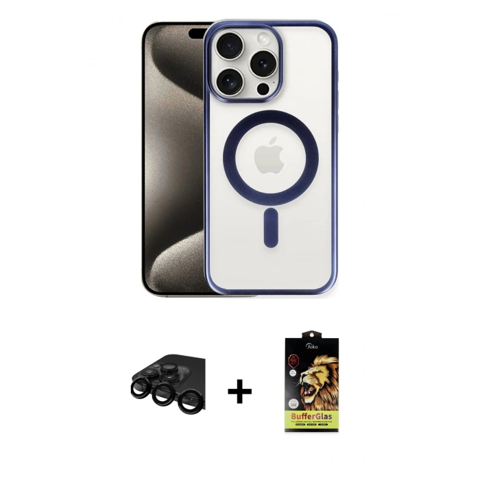 MARSİLYAN™- iPhone 15 Pro Kılıf Siluet Çizgi Serisi - Siyah Buffer Cam Ekran Koruyucu + Raze Metal Kamera Lens - SH