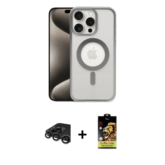 MARSİLYAN™- iPhone 15 Pro Kılıf Siluet Çizgi Serisi - Siyah Buffer Cam Ekran Koruyucu + Raze Metal Kamera Lens - TMGI