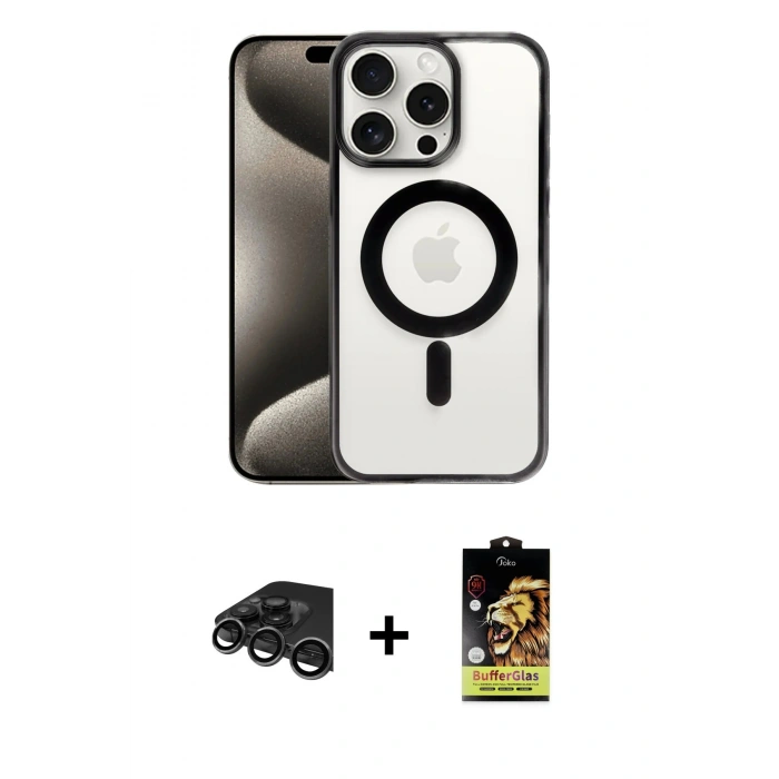 MARSİLYAN™- iPhone 15 Pro Kılıf Siluet Çizgi Serisi - Siyah Buffer Cam Ekran Koruyucu + Raze Metal Kamera Lens - TMGI