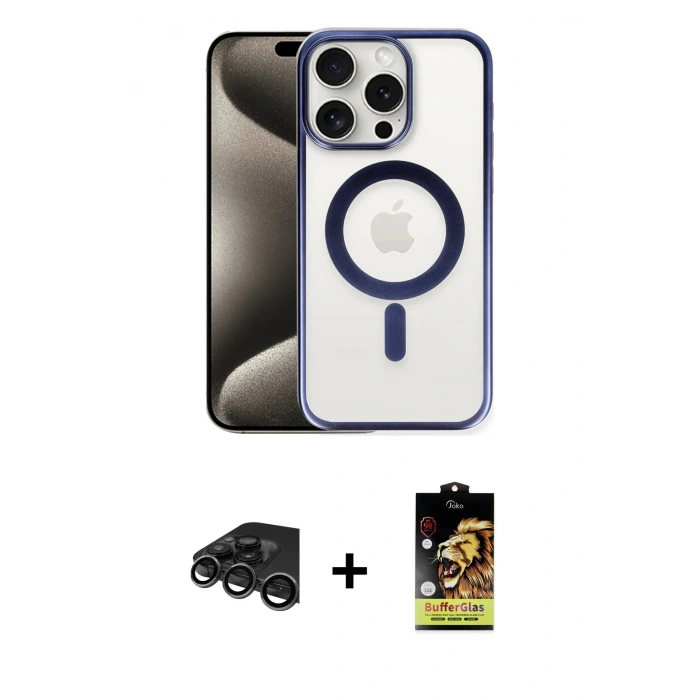 MARSİLYAN™- iPhone 15 Pro Kılıf Siluet Çizgi Serisi - Siyah Buffer Cam Ekran Koruyucu + Raze Metal Kamera Lens - TMGI