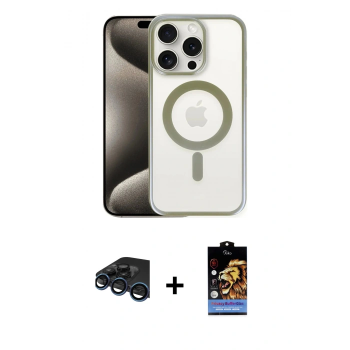 MARSİLYAN™- iPhone 15 Pro Kılıf Siluet Çizgi Serisi - Siyah Buffer Hayalet Cam Ekran Koruyucu + Raze Metal Kamera Lens - LT