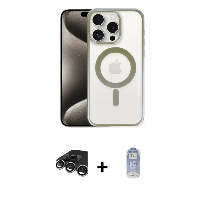 MARSİLYAN™- iPhone 15 Pro Kılıf Siluet Çizgi Serisi - Siyah Joko Magic 5D Cam + Gümüş Raze Metal Kamera Lens