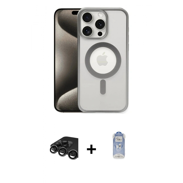 MARSİLYAN™- iPhone 15 Pro Kılıf Siluet Çizgi Serisi - Siyah Joko Magic 5D Cam + Raze Metal Kamera Lens - TMGI
