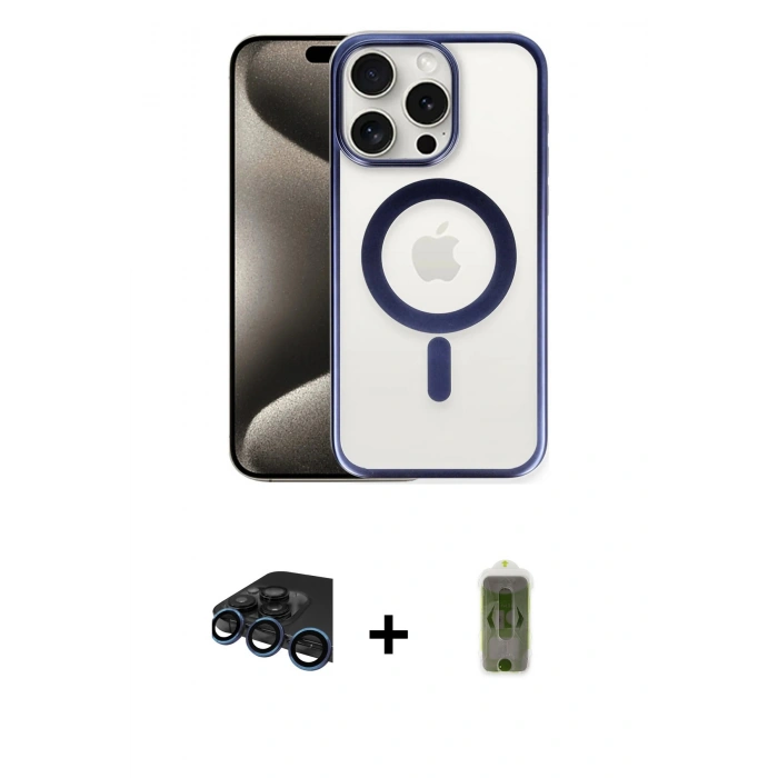 MARSİLYAN™- iPhone 15 Pro Kılıf Siluet Çizgi Serisi - Siyah Joko Magic 5D Hayalet Cam + Raze Metal Kamera Lens - LT