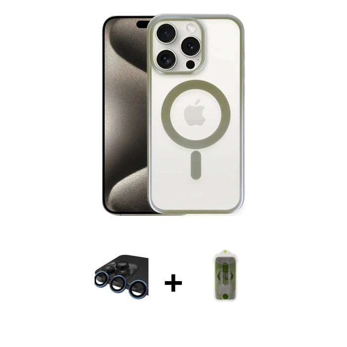 MARSİLYAN™- iPhone 15 Pro Kılıf Siluet Çizgi Serisi - Siyah Joko Magic 5D Hayalet Cam + Raze Metal Kamera Lens - LT