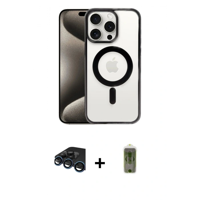 MARSİLYAN™- iPhone 15 Pro Kılıf Siluet Çizgi Serisi - Siyah Joko Magic 5D Hayalet Cam + Raze Metal Kamera Lens - LT