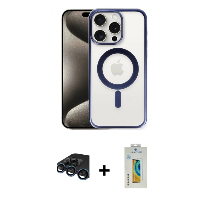 MARSİLYAN™- iPhone 15 Pro Kılıf Siluet Çizgi Serisi - Siyah Polymer Nano Ekran Koruyucu + Raze Metal Kamera Lens - LT