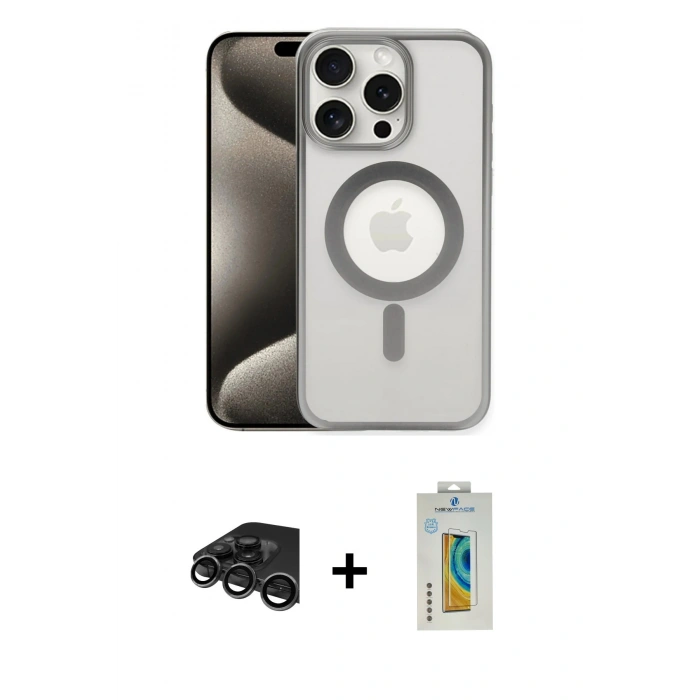 MARSİLYAN™- iPhone 15 Pro Kılıf Siluet Çizgi Serisi - Siyah Polymer Nano Ekran Koruyucu + Raze Metal Kamera Lens - TMGI