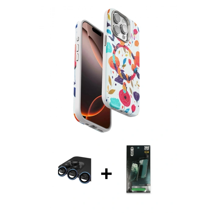MARSİLYAN™- iPhone 15 Pro Kılıf Siluet Doku - Şeffaf 360 Full Body Arka Koruyucu + Raze Metal Kamera Lens - LT