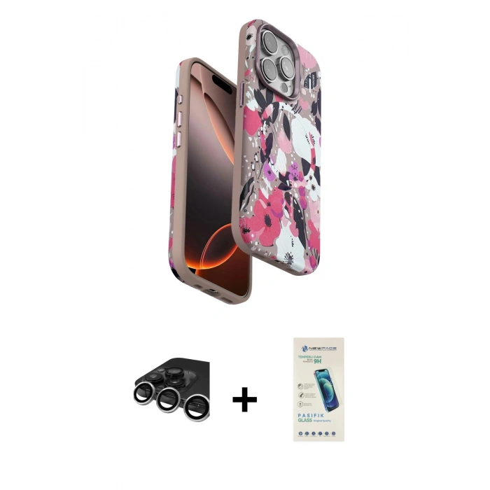MARSİLYAN™- iPhone 15 Pro Kılıf Siluet Doku - Şeffaf Pasifik Cam Ekran Koruyucu + Raze Metal Kamera Lens - GS