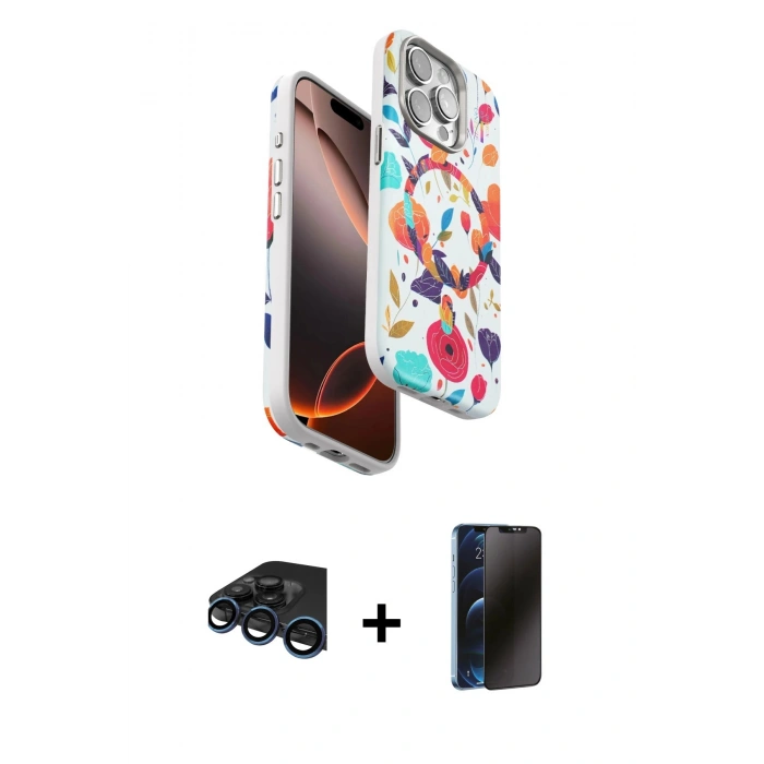 MARSİLYAN™- iPhone 15 Pro Kılıf Siluet Doku - Siyah 3D Antistatik Hayalet Cam Ekran Koruyucu + Raze Metal Kamera Lens - LT