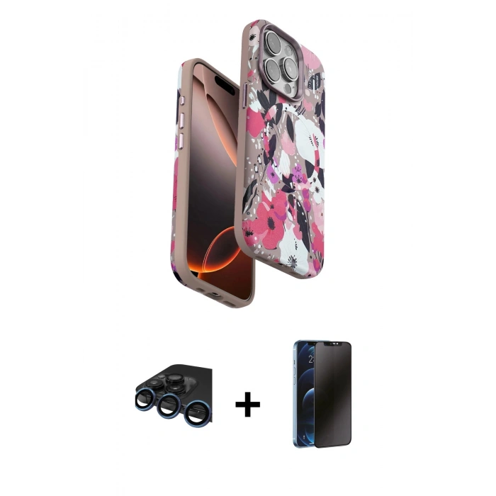 MARSİLYAN™- iPhone 15 Pro Kılıf Siluet Doku - Siyah 3D Antistatik Hayalet Cam Ekran Koruyucu + Raze Metal Kamera Lens - LT