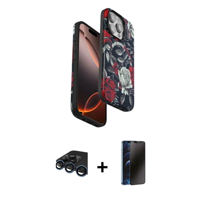 MARSİLYAN™- iPhone 15 Pro Kılıf Siluet Doku - Siyah 3D Antistatik Hayalet Cam Ekran Koruyucu + Raze Metal Kamera Lens - LT