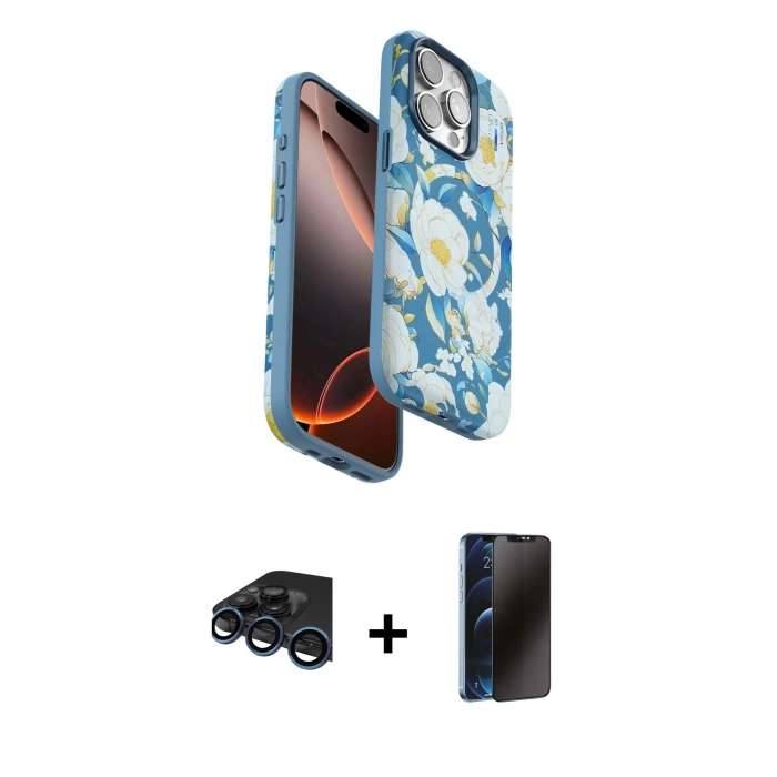 MARSİLYAN™- iPhone 15 Pro Kılıf Siluet Doku - Siyah 3D Antistatik Hayalet Cam Ekran Koruyucu + Raze Metal Kamera Lens - LT