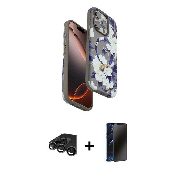 MARSİLYAN™- iPhone 15 Pro Kılıf Siluet Doku - Siyah 3D Antistatik Hayalet Cam Ekran Koruyucu + Raze Metal Kamera Lens - TMGI