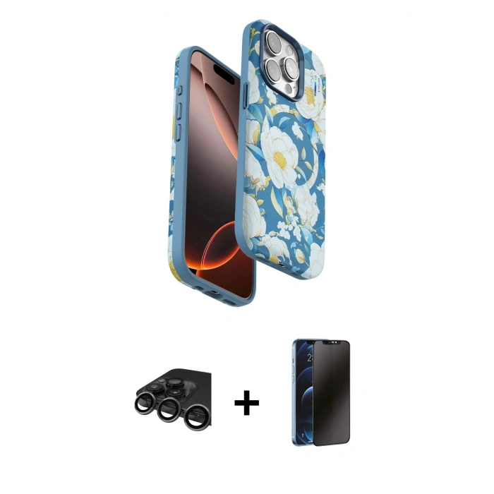 MARSİLYAN™- iPhone 15 Pro Kılıf Siluet Doku - Siyah 3D Antistatik Hayalet Cam Ekran Koruyucu + Raze Metal Kamera Lens - TMGI