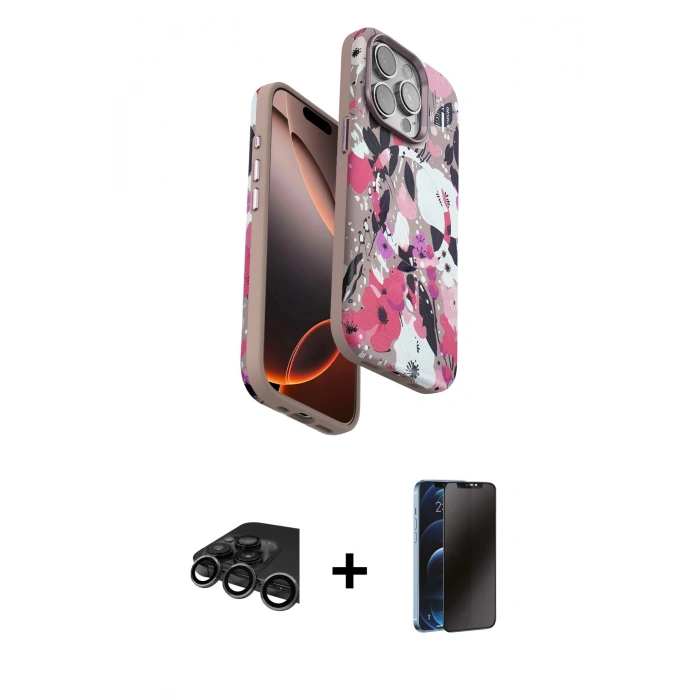 MARSİLYAN™- iPhone 15 Pro Kılıf Siluet Doku - Siyah 3D Antistatik Hayalet Cam Ekran Koruyucu + Raze Metal Kamera Lens - TMGI
