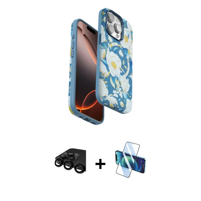 MARSİLYAN™- iPhone 15 Pro Kılıf Siluet Doku - Siyah 3D Antistatik Seramik Nano Ekran Koruyucu + Raze Metal Kamera Lens - SH