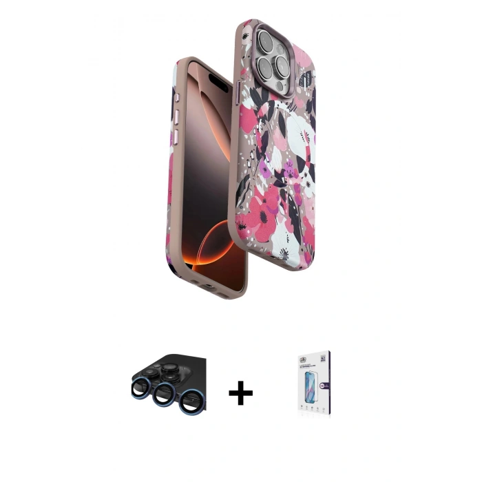 MARSİLYAN™- iPhone 15 Pro Kılıf Siluet Doku - Siyah Bilvis 0.18mm Plus Cam Ekran Koruyucu + Raze Metal Kamera Lens - LT