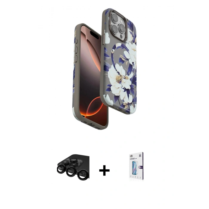 MARSİLYAN™- iPhone 15 Pro Kılıf Siluet Doku - Siyah Bilvis 0.18mm Plus Cam Ekran Koruyucu + Raze Metal Kamera Lens - SH