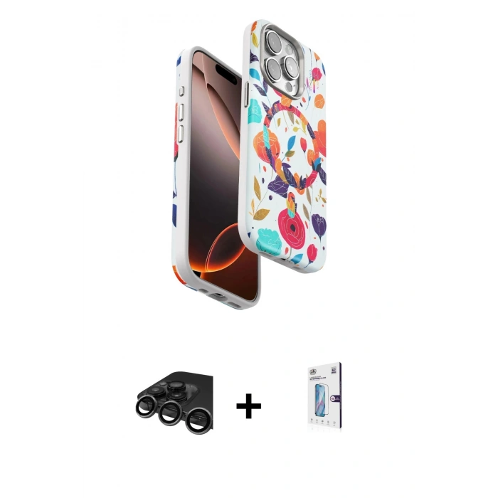 MARSİLYAN™- iPhone 15 Pro Kılıf Siluet Doku - Siyah Bilvis 0.18mm Plus Cam Ekran Koruyucu + Raze Metal Kamera Lens - TMGI