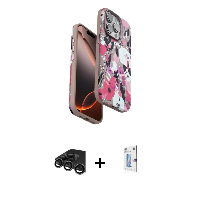 MARSİLYAN™- iPhone 15 Pro Kılıf Siluet Doku - Siyah Bilvis 0.18mm Plus Cam Ekran Koruyucu + Raze Metal Kamera Lens - TMGI